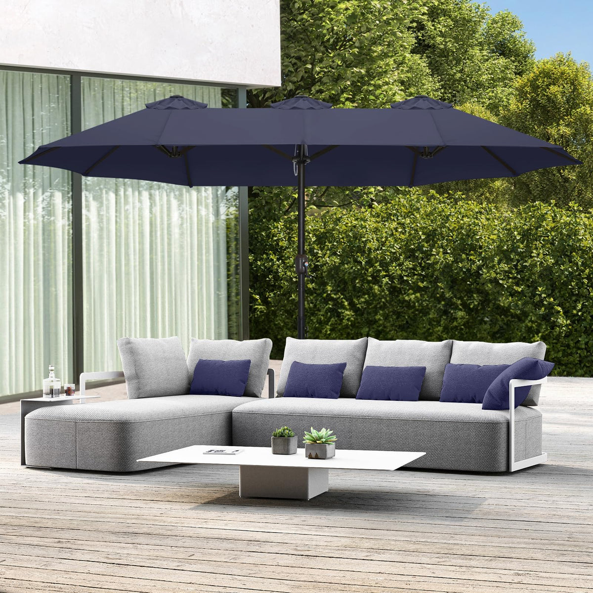 15FT Double-Sided Rectangle Patio Umbrella with Base Navy Blue D93324