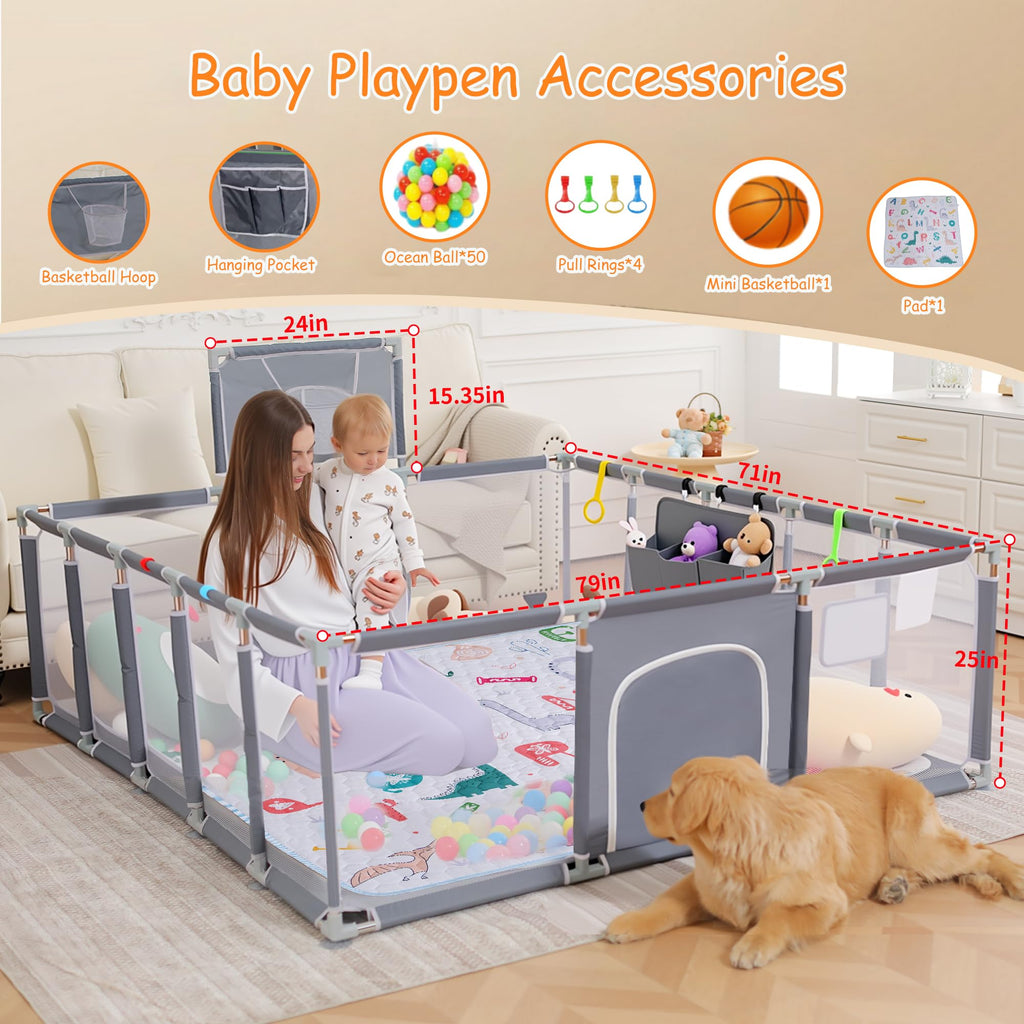 Baby Playpen with Mat, Ocean Balls, Hanging Pocket, Basketball Hoop R3972