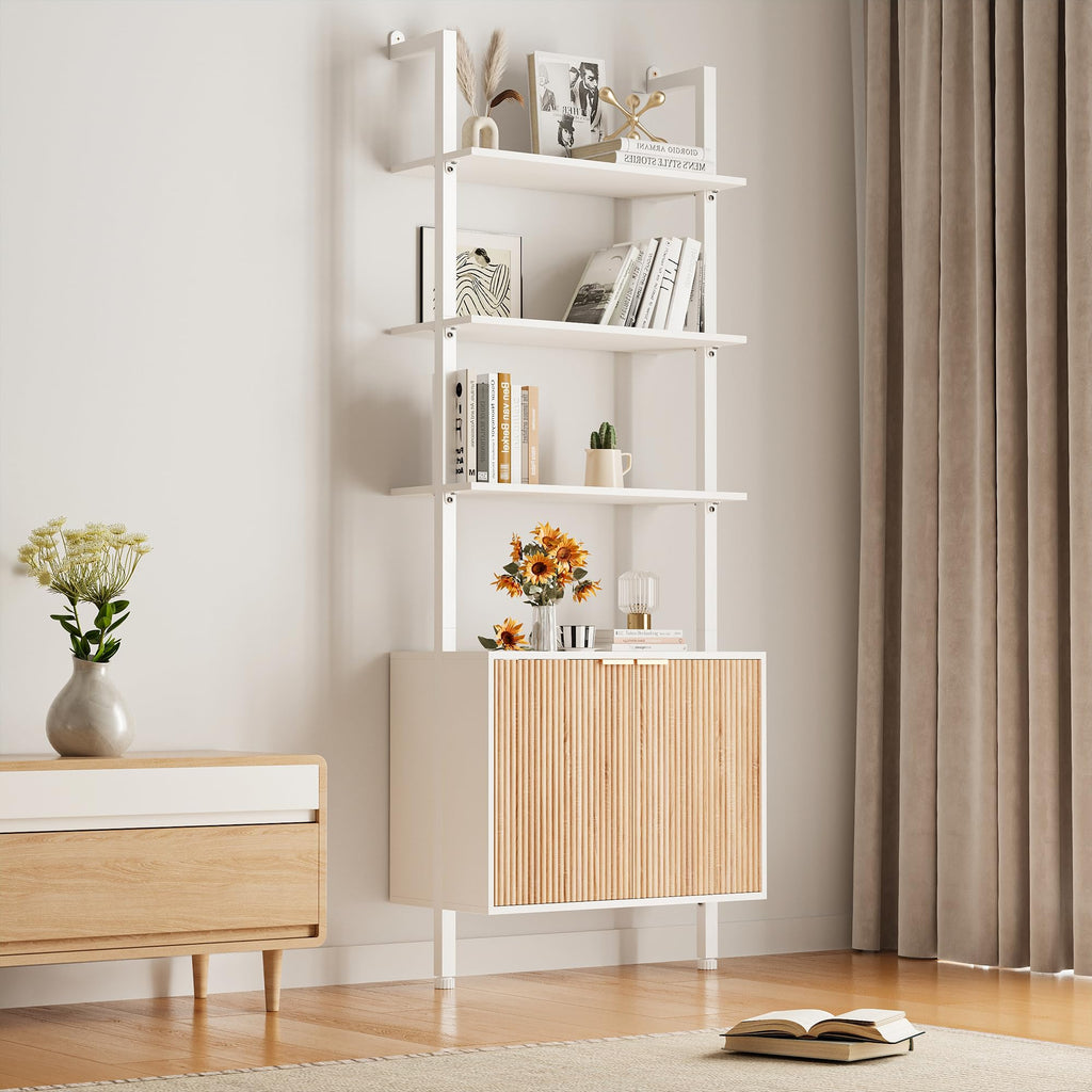 74" Tall White and Oak Bookshelf with Storage Cabinet H981