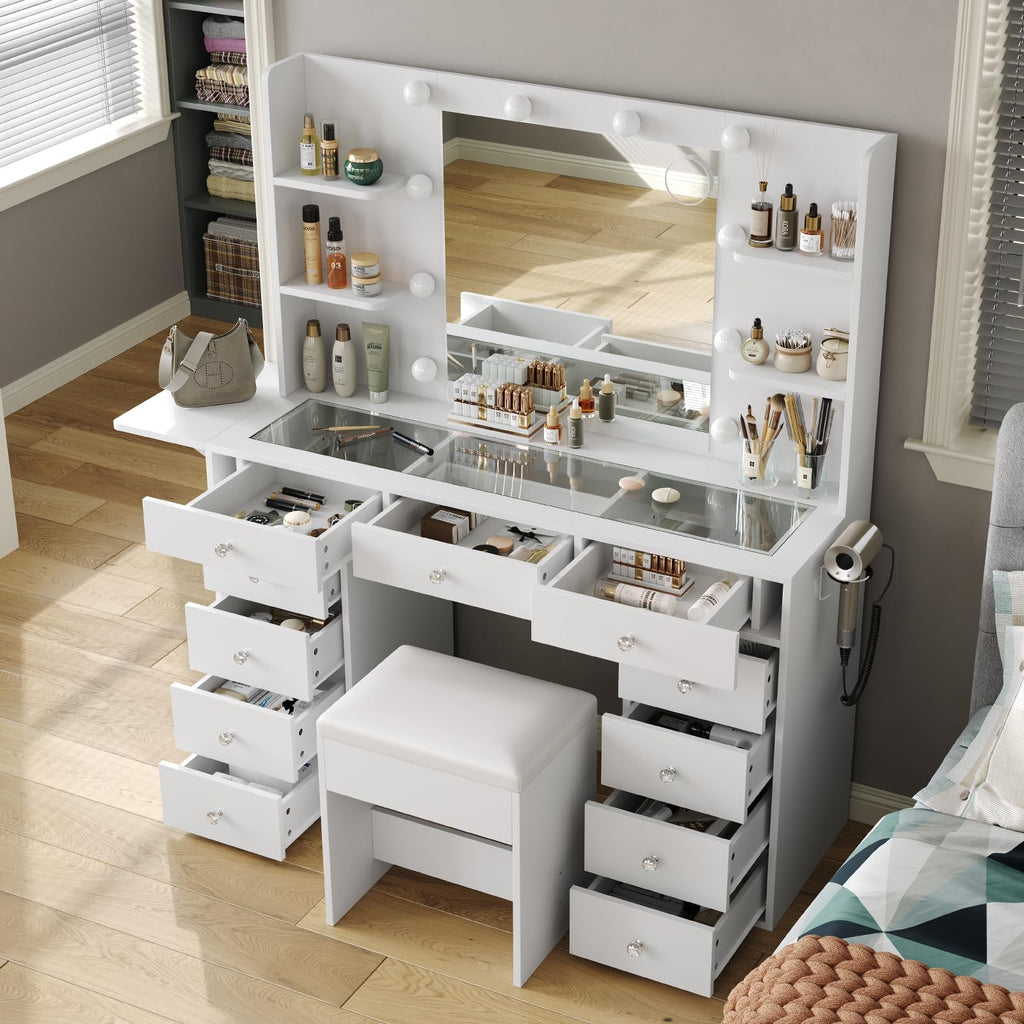 Vanity Desk with Mirror and 12 LED Lights, 11 Drawers & 4 Shelves S950