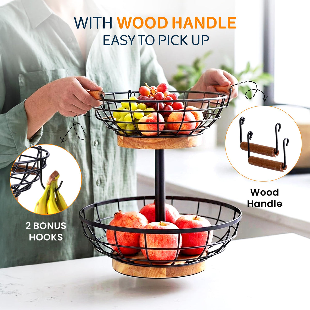 2 Tier Metal Fruit Basket with Banana Hanger H588142