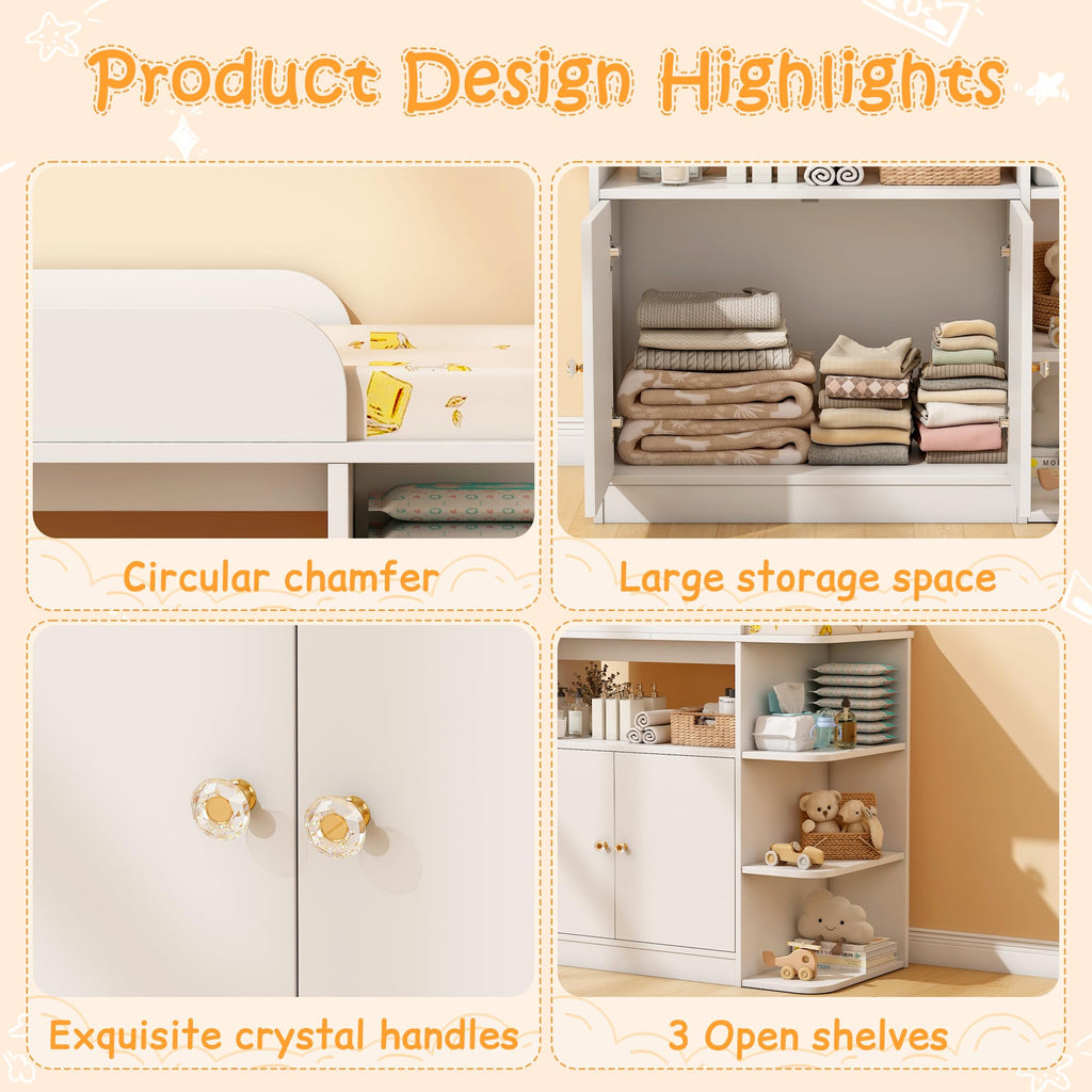 White Wood Changing Table Dresser with Cabinet C7191