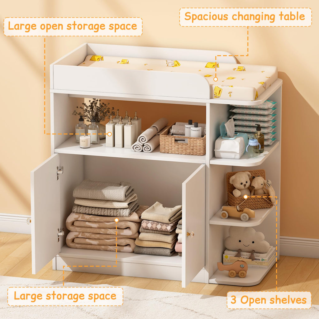 White Wood Changing Table Dresser with Cabinet C7191