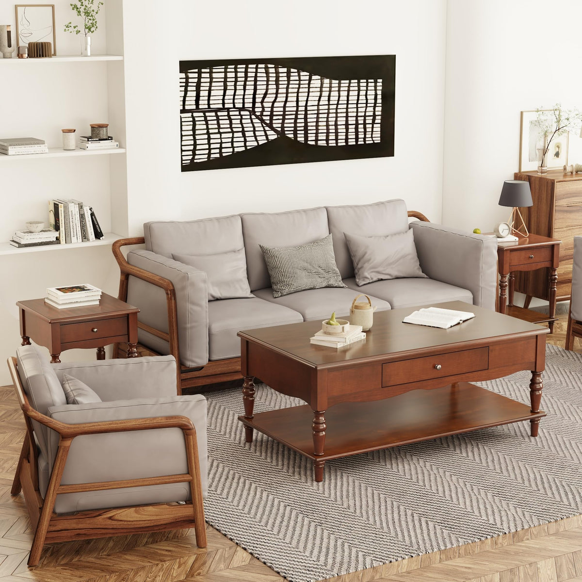 Caramel Brown Coffee Table and Two End Tables with Storage Drawer H7494