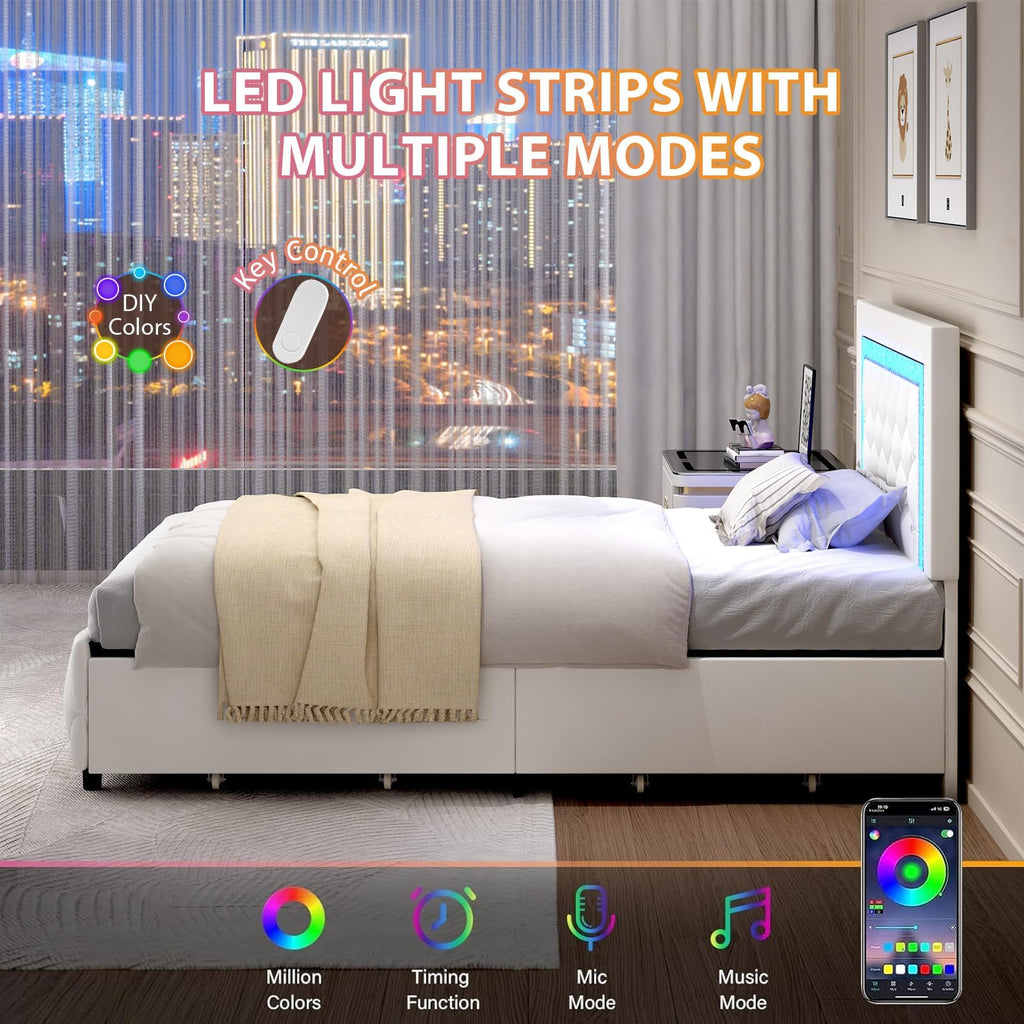White Twin Bed Frame with Storage Drawers and LED Lights C8589