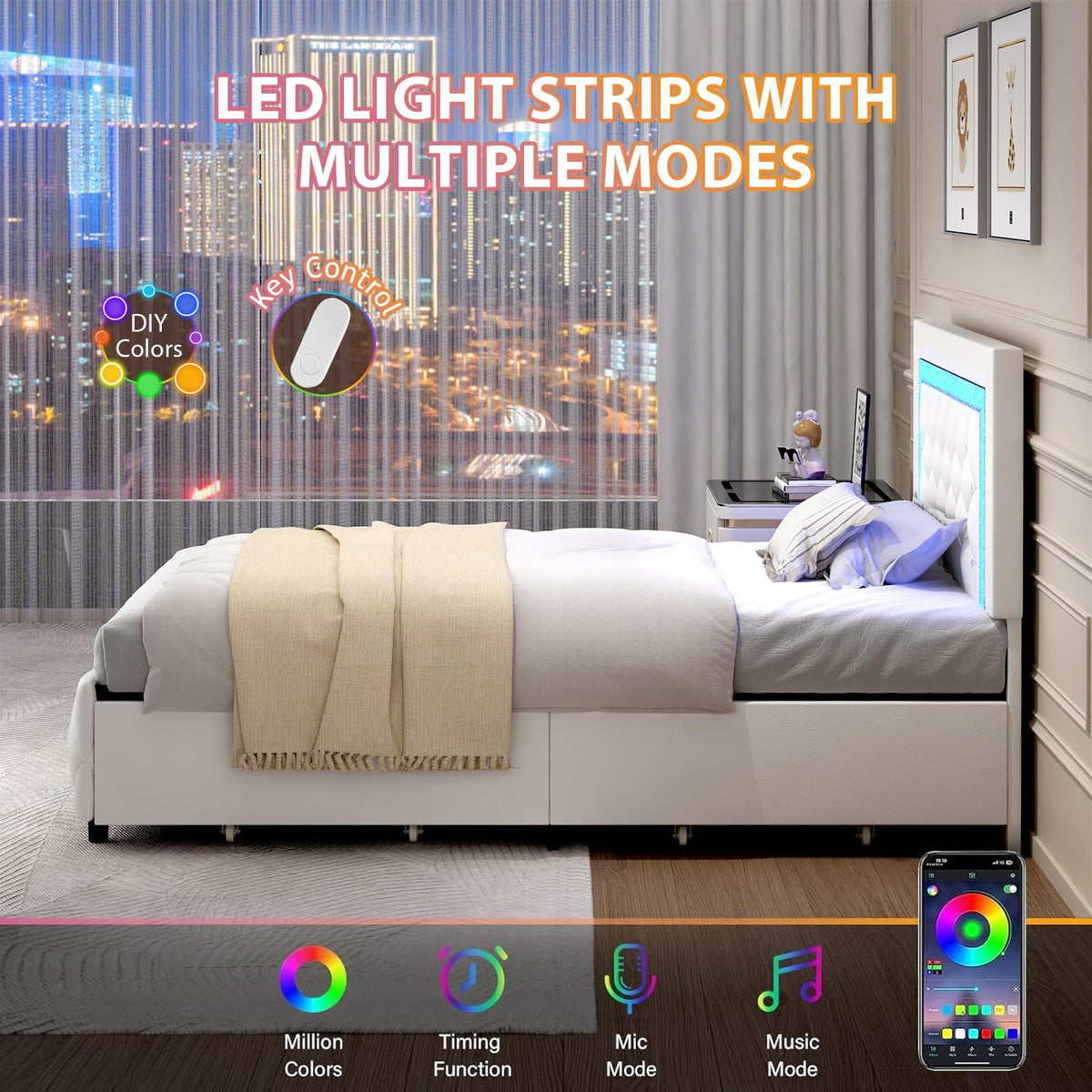 White Twin Bed Frame with Storage Drawers and LED Lights C8589