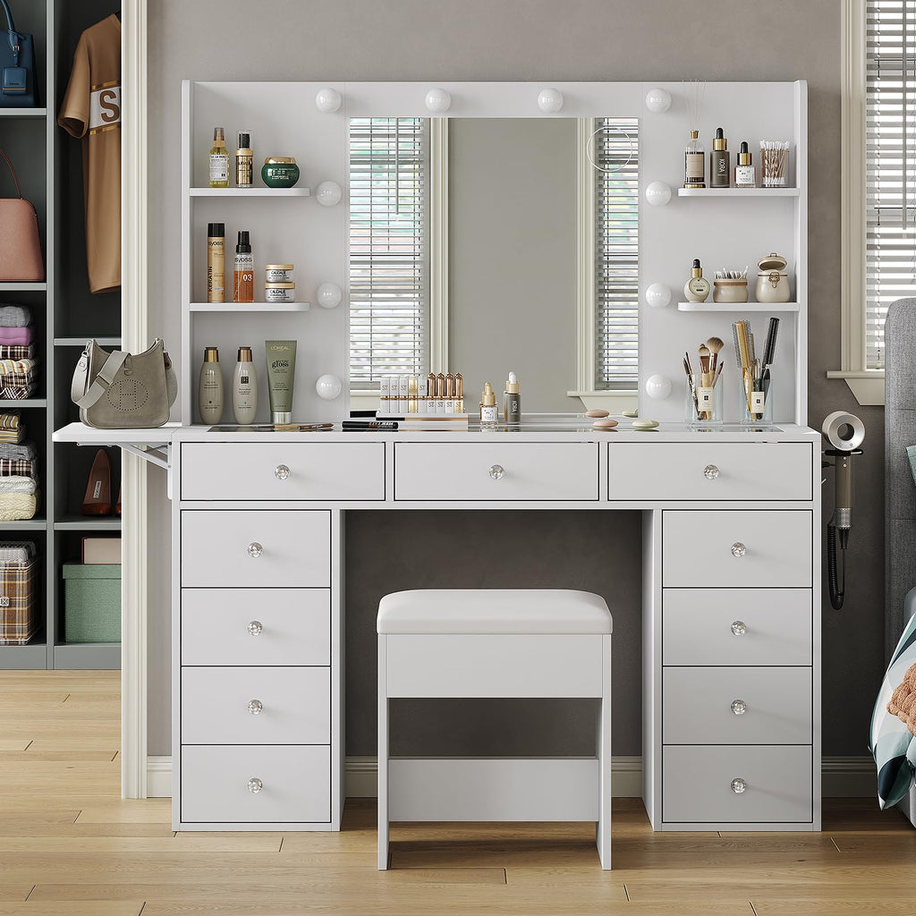 Vanity Desk with Mirror and 12 LED Lights, 11 Drawers & 4 Shelves S950