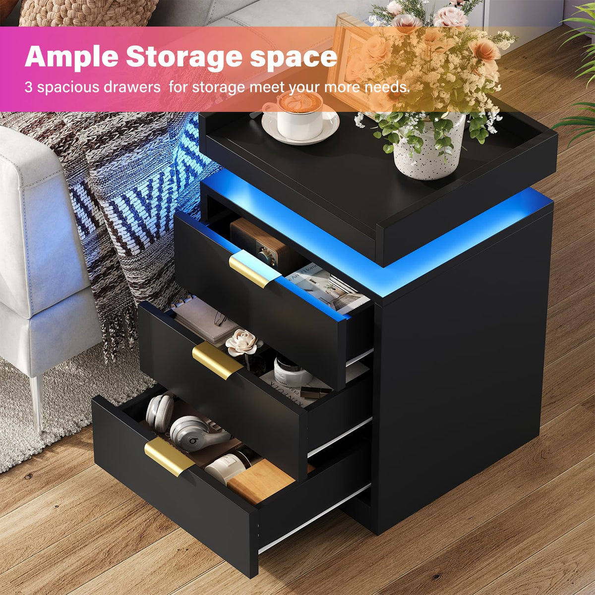 Black 3 Drawer LED Nightstand with Charging Station I687382