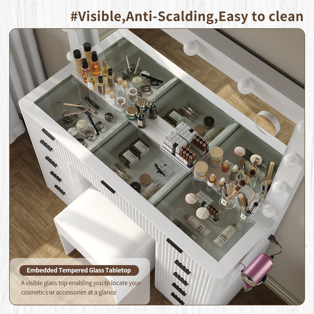 47" White Vanity Desk with 3-Color LED Mirror & 11 Drawers A937