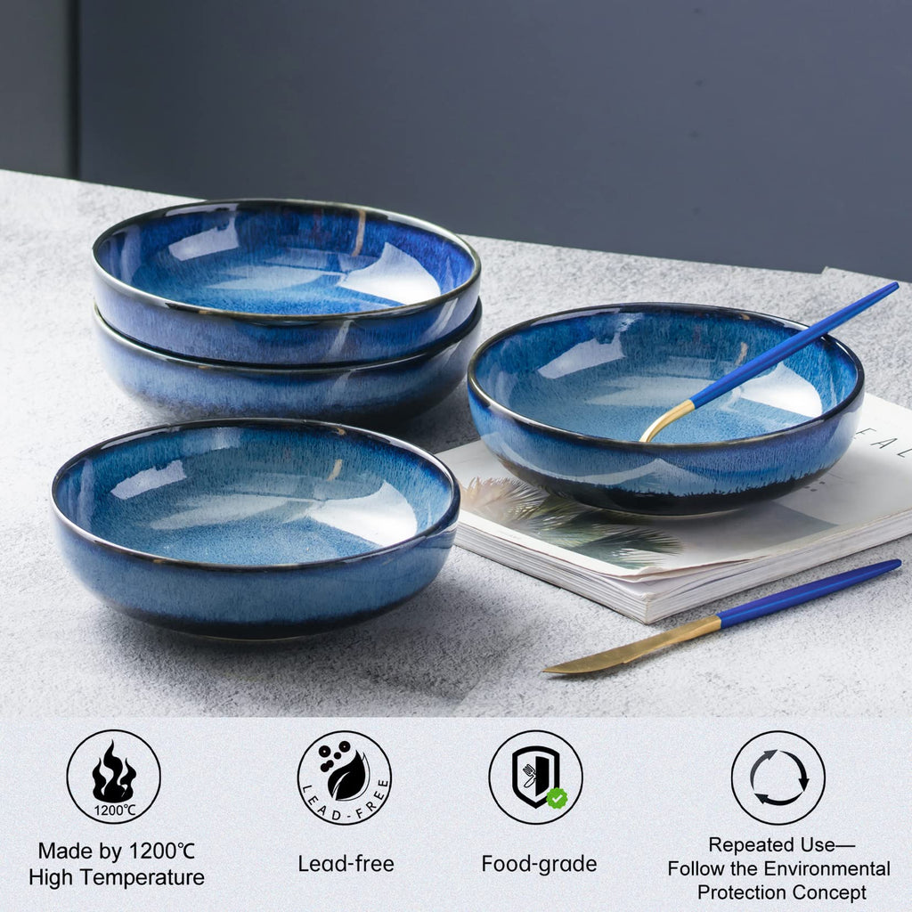 Ceramic Pasta Bowls Set of 4, 26 oz Blue R733