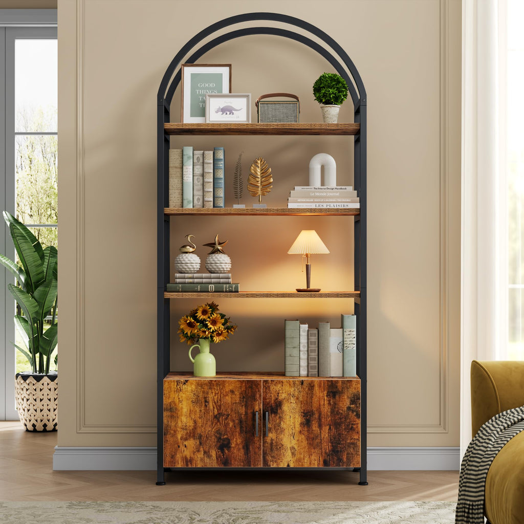Arched 71 Inch Tall 5 Tier Wood and Metal Bookshelf with Storage Cabinet G161860