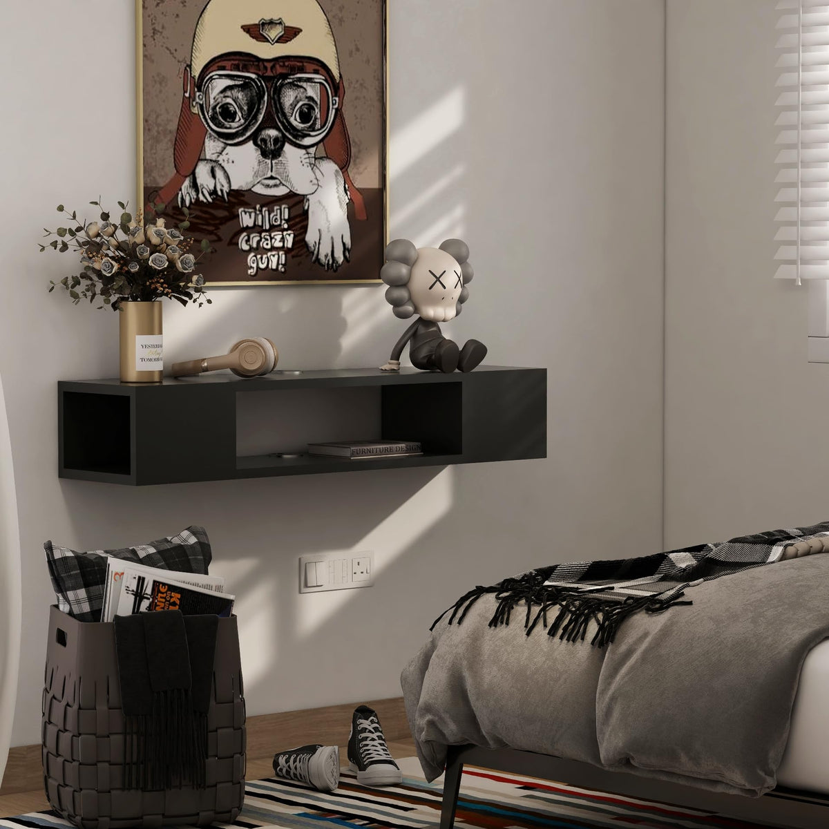 Black Wall Mounted Floating TV Stand with Storage A1136