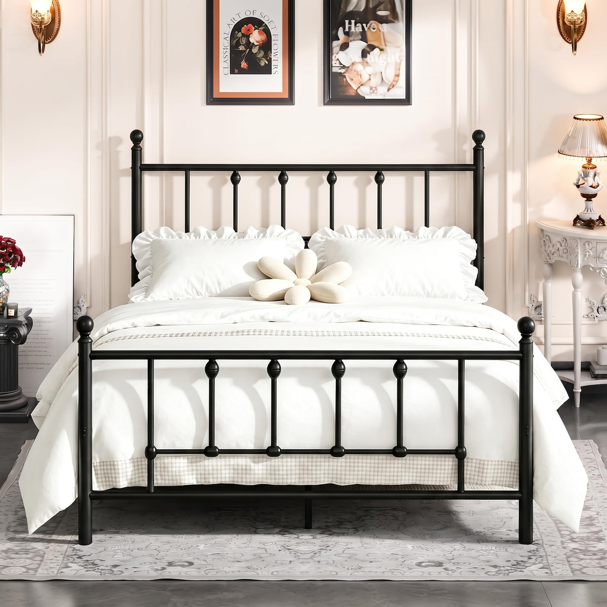 14 Inch Full Size Victorian Metal Platform Bed Frame with Headboard and Footboard E544591