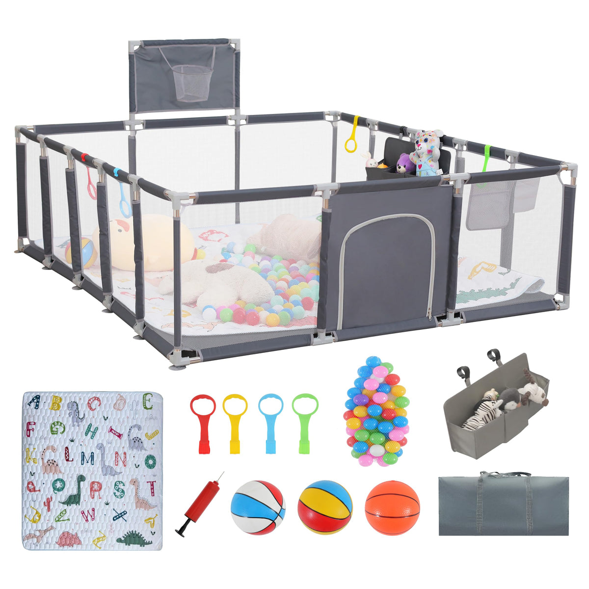 Baby Playpen with Mat, Ocean Balls, Hanging Pocket, Basketball Hoop R3972