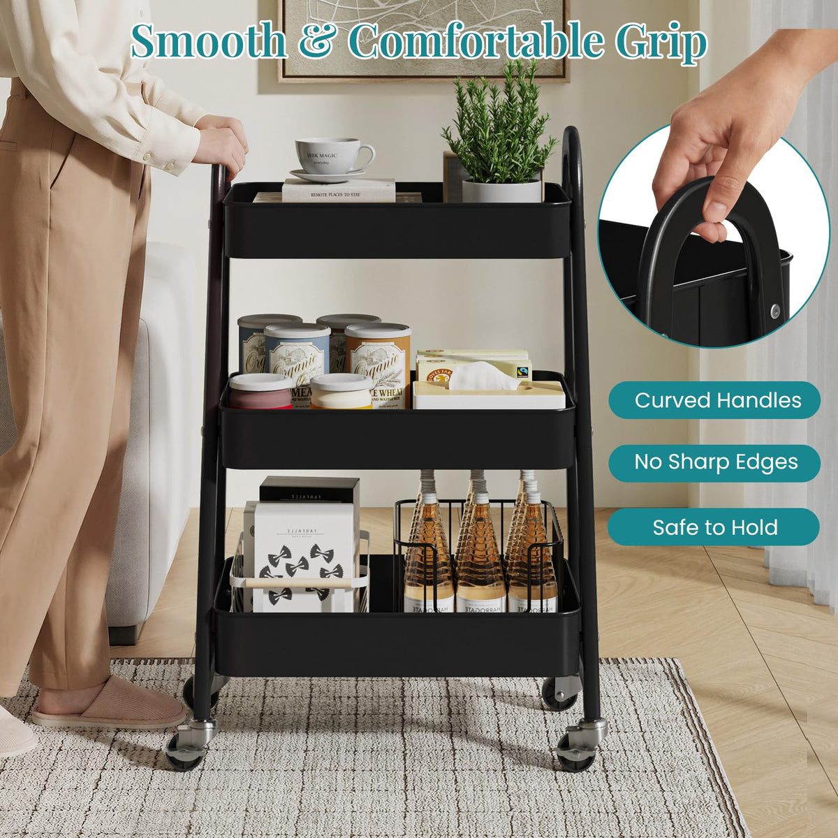 3-Tier Metal Rolling Utility Cart with Lockable Wheels E9888