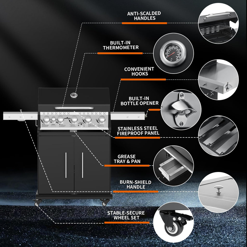 Propane Gas Grill 5+1 Stainless Steel with Side Burner D9510