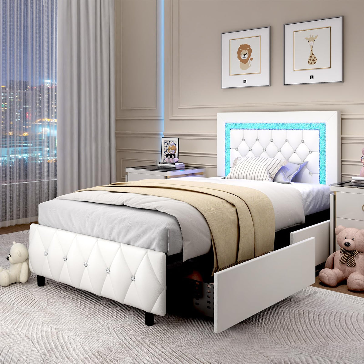 White Twin Bed Frame with Storage Drawers and LED Lights C8589