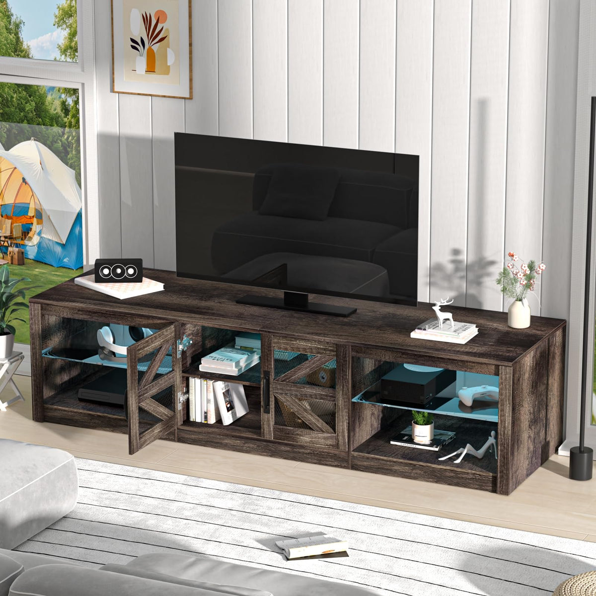 Rustic Brown Grey TV Stand with Sliding Barn Door S337098