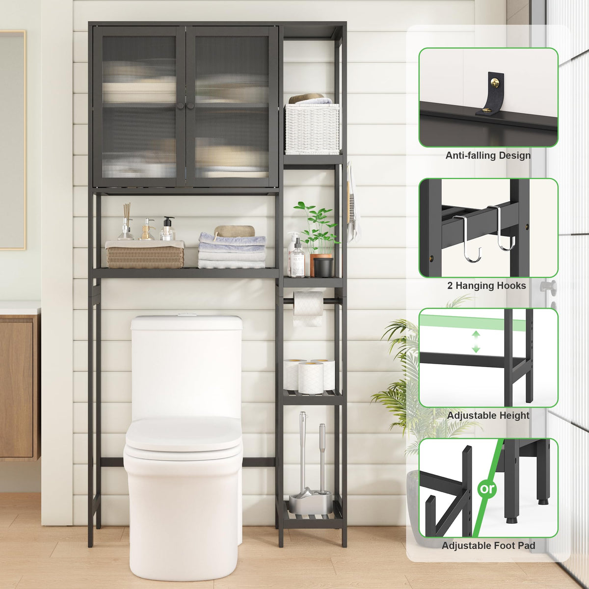 Black Over the Toilet Storage Cabinet with Adjustable Shelves T663