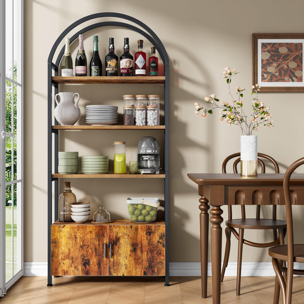 Arched 71 Inch Tall 5 Tier Wood and Metal Bookshelf with Storage Cabinet G161860