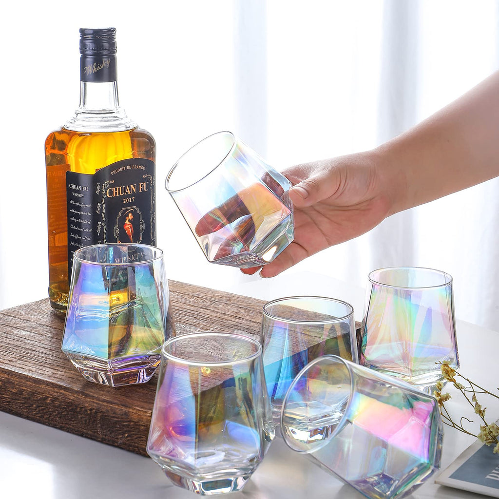 Stemless Wine Glasses Set of 6, 10 Oz Iridescent Diamond Shaped Glassware T418600