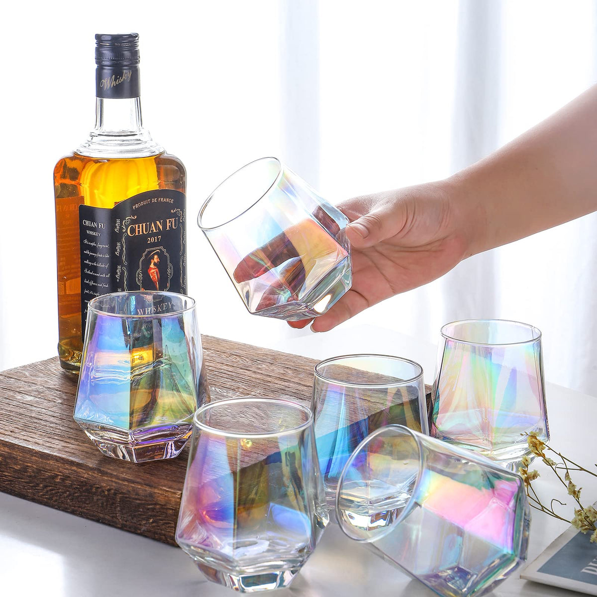 Stemless Wine Glasses Set of 6, 10 Oz Iridescent Diamond Shaped Glassware T418600