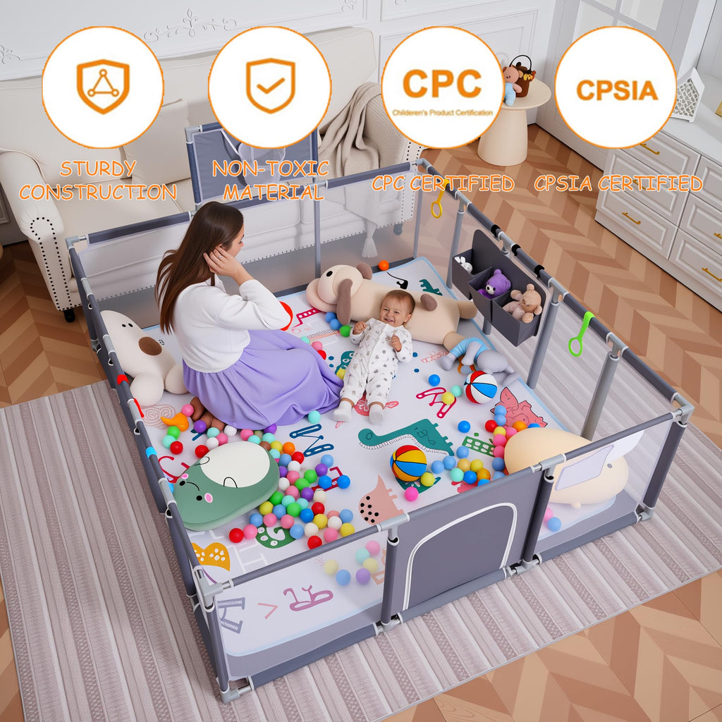 Baby Playpen with Mat, Ocean Balls, Hanging Pocket, Basketball Hoop R3972