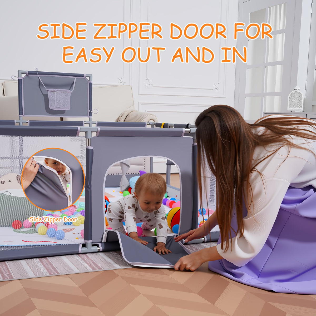 Baby Playpen with Mat, Ocean Balls, Hanging Pocket, Basketball Hoop R3972