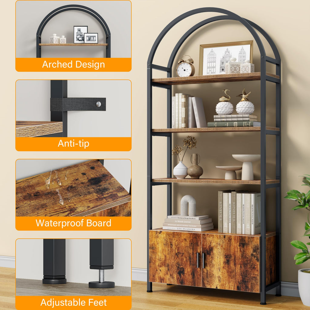 Arched 71 Inch Tall 5 Tier Wood and Metal Bookshelf with Storage Cabinet G161860