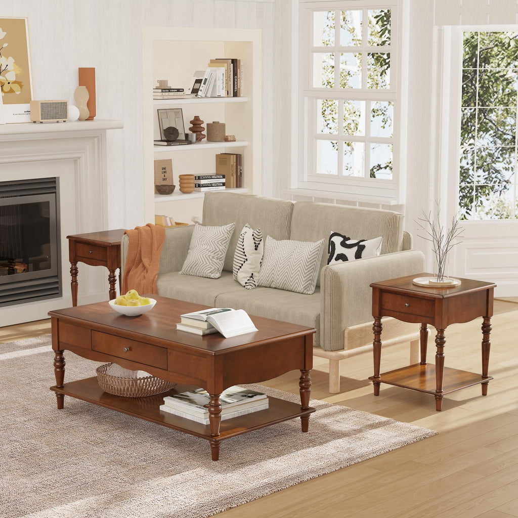 Caramel Brown Coffee Table and Two End Tables with Storage Drawer H7494